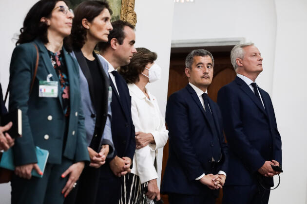 French ministers Rima Abdul-Malak, Sebastien Lecornu, Catherine Colonna, Gerald Darmanin and Bruno Le Maire (left to right) listen to the joint press statement by President Macron and his Algerian counterpart Abdelmadjid Tebboune, at the El Mouradia Palace , in Algiers, on August 25, 2022. 