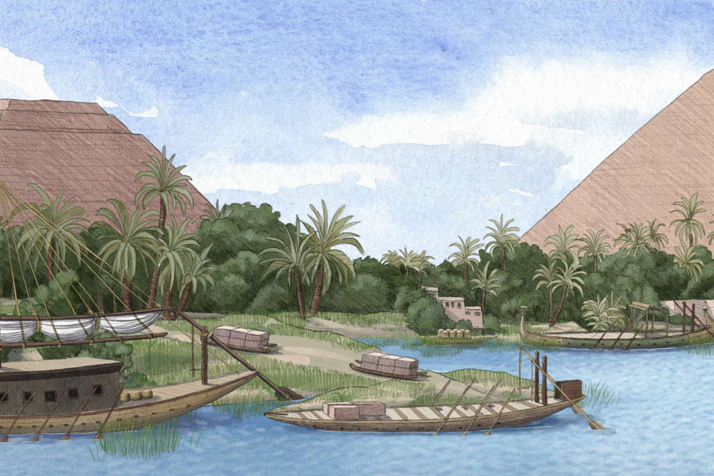 De arm van de Nijl is vandaag verdwenen in het hart van de piramidebouwplaats