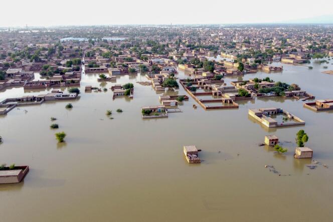 Aerial view of a residential zone flooded in the province of Balouchistan, on August 29, 2022.