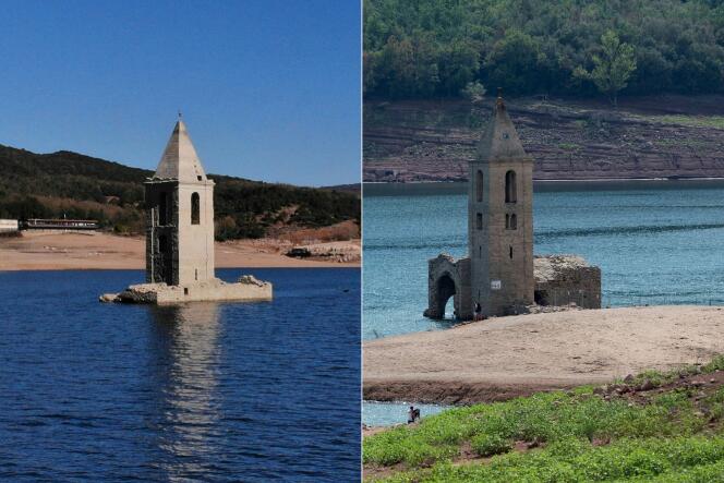 This combination of pictures created on August 30, 2022 shows (L) an aerial view of the partially submerged Church of Sant Roma, visible due to the low water level of the Sau reservoir, in Vilanova de Sau, on February 8, 2022 and (R) the same building is seen almost completely emerged six months later, on August 23, 2022. 