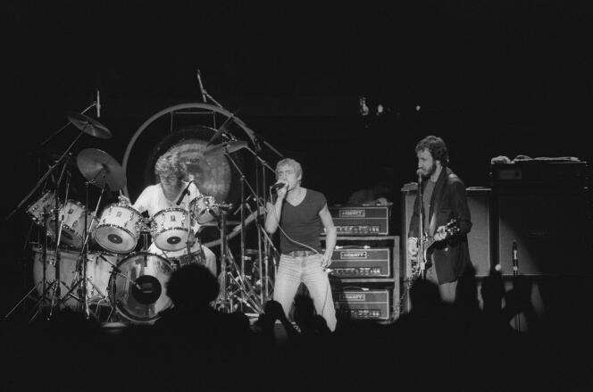 The rock group The Who with, from left to right, drummer Kenny Jones, singer Roger Daltrey and guitarist Pete Townshend, on May 12, 1979, in Fréjus (Var).