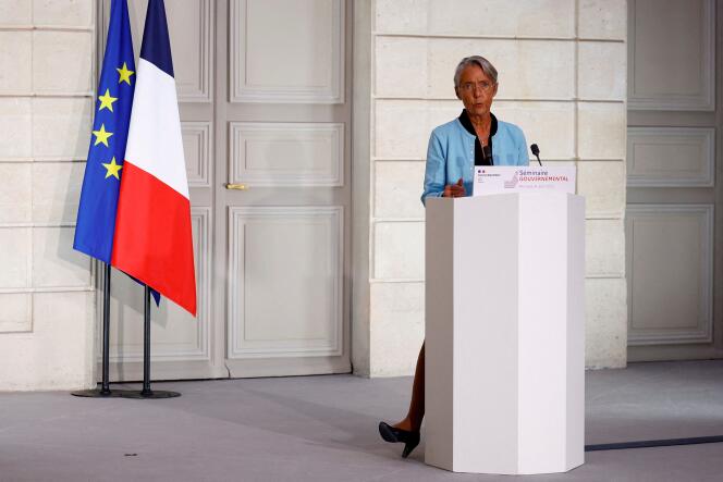 Prime Minister Elisabeth Borne at the end of a government seminar at the Elysée Palace in Paris on August 31, 2022.
