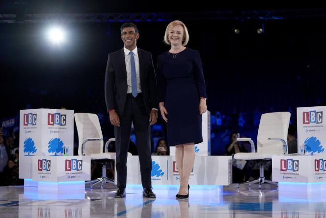 Rishi Sunak and Liz Truss during the final debate ahead of the Conservative Party leader election at Arena Wembley on August 31, 2022 in London. 