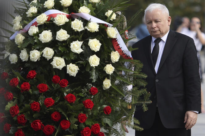Poland's ruling party leader Jaroslaw Kaczynski at a ceremony marking the anniversary of World War II in Warsaw on September 1, 2022.
