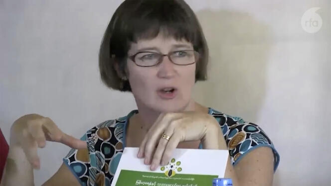 In this still image from a Radio Free Asia video, Vicki Bowman speaks to the media in Yangon, Myanmar, September 5, 2014. 