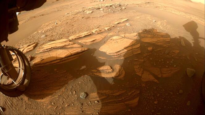 A view of the rocky outcrop of 'Enchanted Lake' taken by one of NASA's Perseverance Mars rover Hazcams.