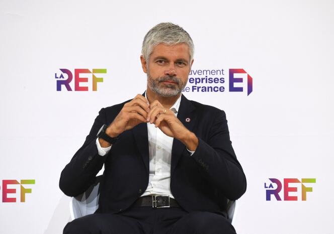 The president of the Auvergne-Rhône-Alpes region Laurent Wauquiez attends a session of the Medef La REF 2022 summer conference at the Longchamp racecourse in Paris, August 30, 2022. 