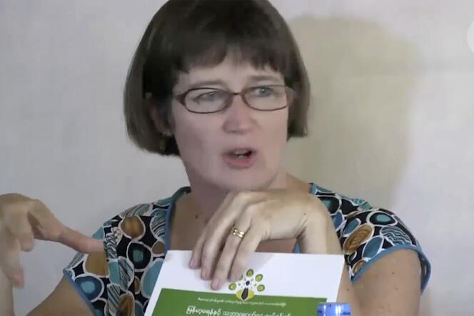 In this image from a Radio Free Asia video, Vicky Bowman talks to the media in Yangon, Myanmar, September 5, 2014. 
