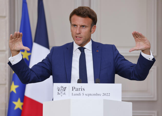 Emmanuel Macron, lors d’une conférence de presse sur la crise de l’énergie en France et en Europe, à l’Elysée, à Paris, le 5 septembre 2022.
