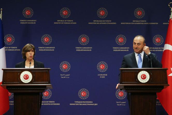 French Minister of Europe and Foreign Affairs Catherine Colonna and Turkish Foreign Minister Mevlut Cavusoglu (right) speak to the media after talks in Ankara, Turkey, September 5, 2022.  