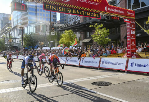 Israel-Premier Tech's Sep Vanmarcke, left, edges Human Powered Health's Nickolas Zukowsky at the line to win the premier Maryland Cycling Classic, in Baltimore, Sunday, Sept. 4, 2022. (Jerry Jackson/The Baltimore Sun via AP)
