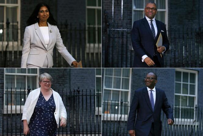 Top to bottom, left to right: UK Home Secretary Suella Braverman;  Foreign Minister James cleverly;  the Minister of Health, Thérèse Coffey;  and Chancellor of the Exchequer Kwasi Kwarteng leave 10 Downing Street after meeting with Liz Truss on 6 September 2022.