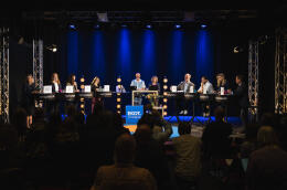 Party leaders take part in a debate organised by the Swedish Radio in Stockholm, on September 2, 2022. - The general elections in Sweden will take place on September 11, 2022. (Photo by Jonathan NACKSTRAND / AFP)