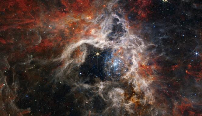 La caméra infrarouge du télescope James-Webb (NIRCam) affiche la région de formation d’étoiles de la nébuleuse de la Tarentule sous un nouveau jour et des dizaines de milliers de jeunes étoiles jamais vues auparavant, jusqu’ici enveloppées de poussière cosmique.