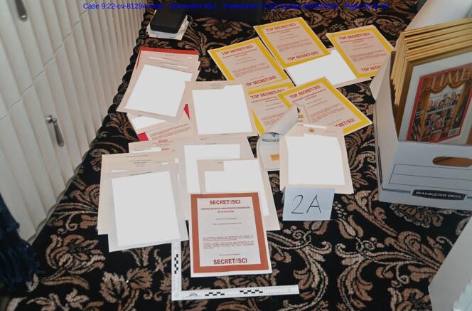 An undated photo of documents seized from Donald Trump's home in Mar-a-Lago, Florida, released by the U.S. Department of Justice on Aug. 31, 2022.