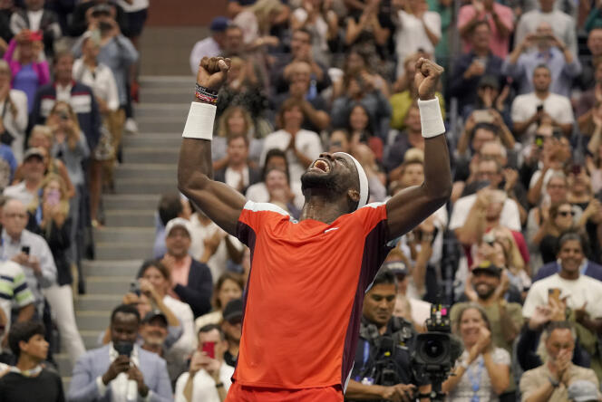 Frances Tiafoe, of the United States, reacts after defeating Andrey Rublev, of Russia, during the quarterfinals of the U.S. Open tennis championships, Wednesday, Sept. 7, 2022, in New York. 