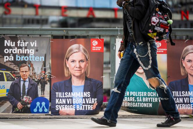 In Stockholm, on August 30, 2022, electoral posters of the Moderates (the conservative party), with their leader Ulf Kristersson, and of the Social Democrats of Swedish Prime Minister Magdalena Andersson, for the general elections of September 11