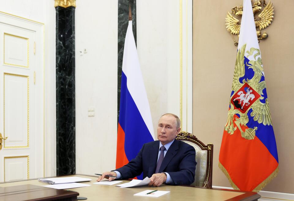 Russian President Vladimir Putin takes part in a ceremony to open new and reconstructed transport network sections in several regions via a videoconference at the Kremlin in Moscow, Russia, Thursday, Sept. 8, 2022. (Gavriil Grigorov, Sputnik, Kremlin Pool Photo via AP)