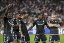 Monaco's Breel Embolo, second right, celebrates with teammates after scoring his side's opening goal from penalty during the Europa League Group H soccer match between Red Star and Monaco, at the Rajko Mitic Stadium in Belgrade, Serbia, Thursday, Sept. 8, 2022. (AP Photo/Darko Vojinovic)
