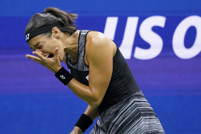 French Caroline Garcia cries after losing a point in the semi-final between her and Tunisian Ons Jabeur at the US Open in New York on September 9, 2022.