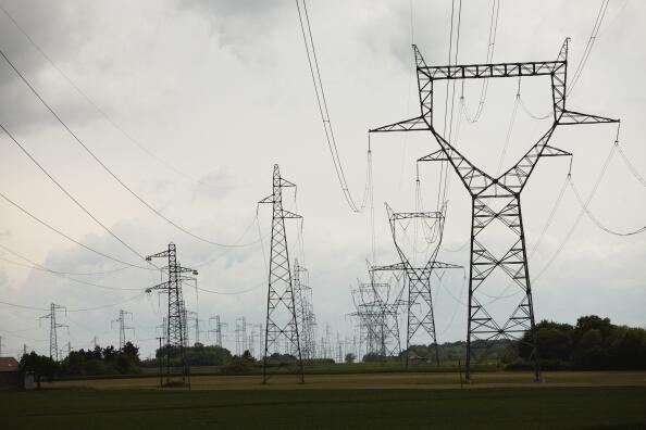France, Rocroi, Rural landscape with power line