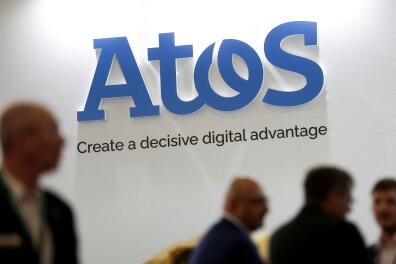 FILE PHOTO: The logo of Atos is pictured at the Eurosatory international defence and security exhibition in Villepinte, near Paris, France June 13, 2022. REUTERS/Benoit Tessier/File Photo