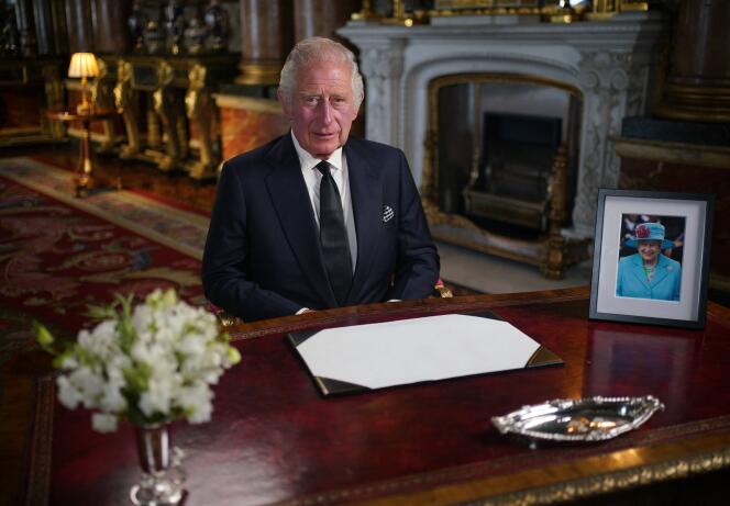 Britain's King Charles III makes a televised address to the Nation and the Commonwealth from the Blue Drawing Room at Buckingham Palace 