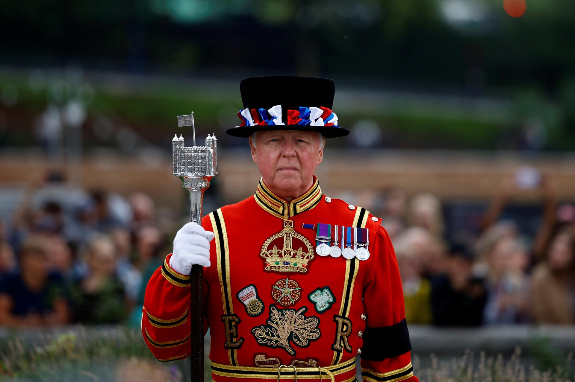 A guard attends a gun salute for King Charles III at the Tower of London on September 10, 2022.