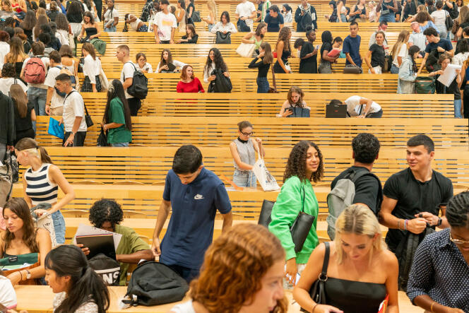 First-year law students of the University of Paris-Est-Créteil are welcomed to the amphitheater for a welcome speech by Dean Laurent Gamet on September 1, 2022 in Créteil.