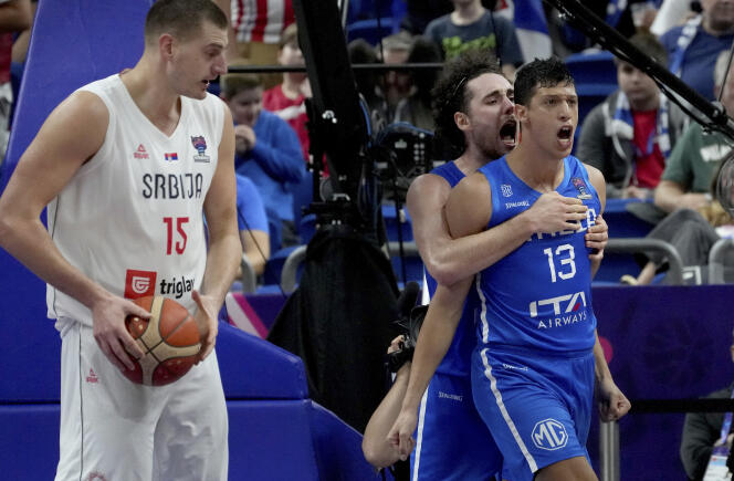 Italy's Simon Fontechio (right) and Alessandro Pagola surprised Serbia's Nikola Djokic at the European Basketball Championship.