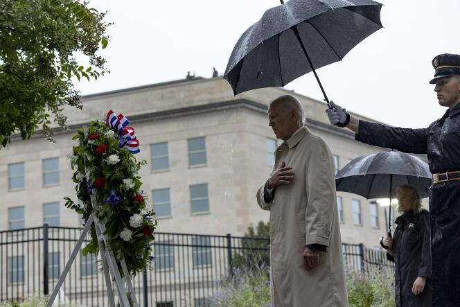 United States President Joe Biden attends a tribute ceremony at the National 9/11 Pentagon Memorial on September 11, 2022 in Arlington, Virginia.