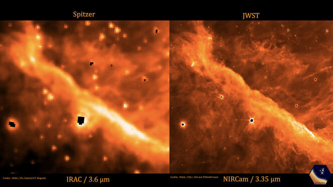 Nebula seperti yang terlihat oleh Spitzer (kiri) dan James-Webb (kanan).