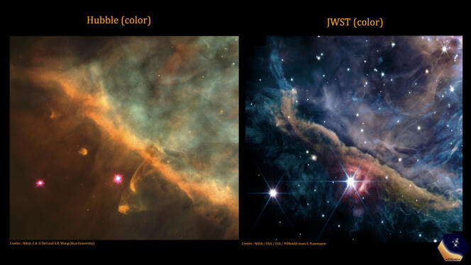 The nebula seen by Hubble (left) and James-Webb (right).