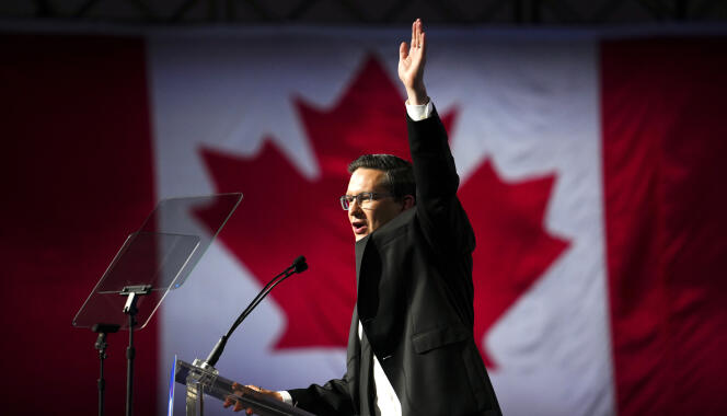 El líder recién electo del Partido Conservador Canadiense, Pierre Poilievre, habla durante la votación en Ottawa, Ontario, el sábado 10 de septiembre de 2022. 