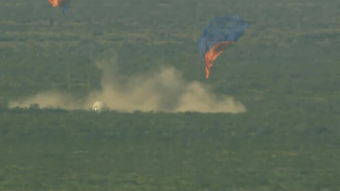 Image provided by Blue Origin showing the rocket's failed takeoff and soft landing in the desert on Monday 12 September 2022.