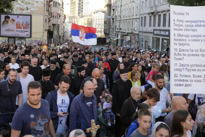 People demonstrate against the LGBT Europride event in Belgrade, Serbia on Sunday 11 September 2022.