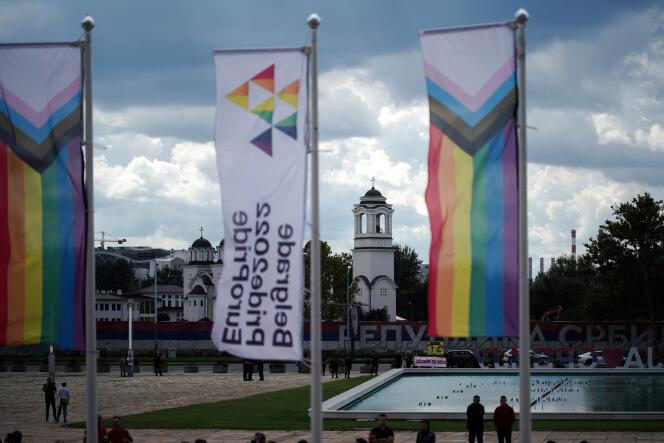 The flags of Europride 2022 fly during the opening ceremony of the event in Belgrade on 12 September 2022.
