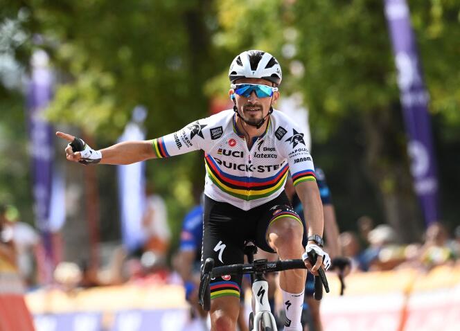 Julian Alaphilippe after crossing the finish line to win the first stage of the Tour de Wallonie, July 23, 2022.  