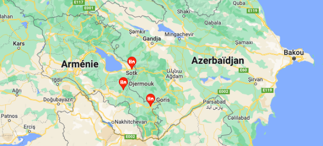 Las ciudades de Goris, Sotk y Jermuk (en rojo), en Armenia.