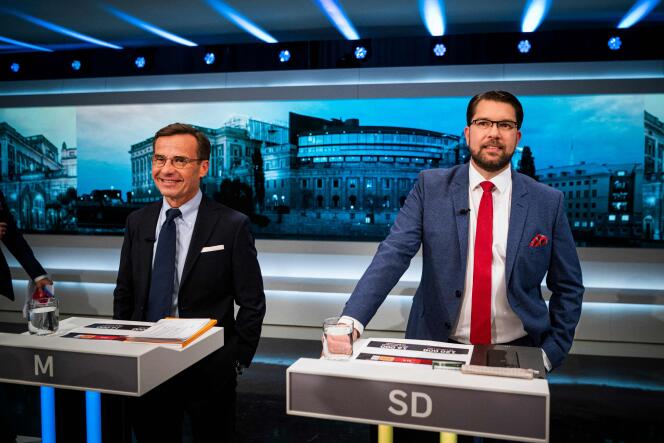 Ulf Kristersson (à gauche), leader des conservateurs suédois, et Jimmie Akesson, chef de file des Démocrates de Suède, lors d’un débat organisé par la chaîne SVT, à Stockholm, le 9 septembre 2022.