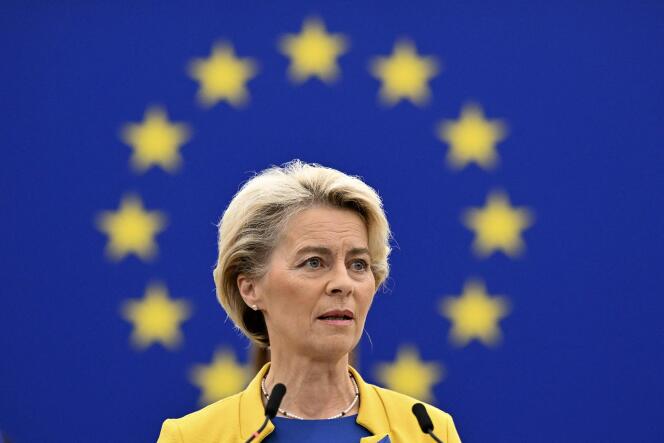 La présidente de la Commission européenne Ursula von der Lyen lors de son discours sur « l’état de l’Union européenne », devant le parlement européen à Strasbourg, le 14 septembre 2022.