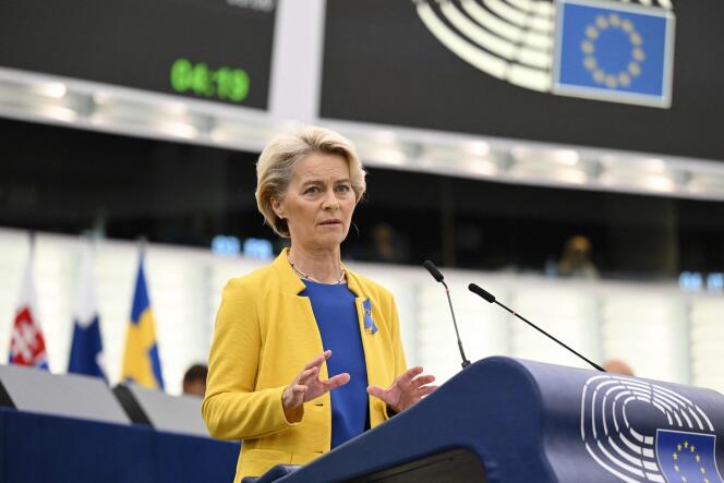 European Commission President Ursula von der Leyen delivers a speech during a debate on 