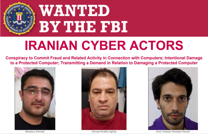 La fiche de recherche du FBI visant trois Iraniens accusés de cyberattaques.