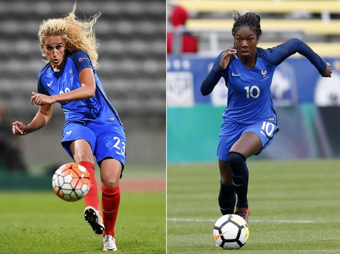 Kheira Hamraoui (izquierda), en el estadio Charléty, en París, durante un partido de clasificación para la Eurocopa 2017, el 20 de septiembre de 2016;  Aminata Diallo, en el estadio Mapfre, en Columbus (Ohio), en Estados Unidos, el 1 de marzo de 2018. 