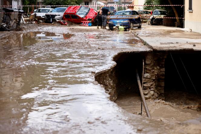 A general view of a chasm after heavy rains and deadly floods hit the central Italian region of Marche, in Cantiano, Italy, September 16, 2022. 