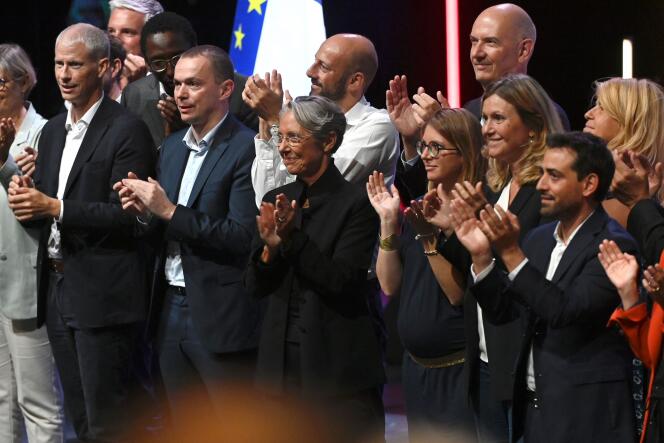 Prime Minister Elisabeth Borne (center), surrounded, left, by ministers Franck Riester, Olivier Dussopt and Stanislas Guerini, and, right, by Aurore Bergé, head of the Renaissance MPs, Yaël Braun-Pivet, president of the Assemblée Nationale, and Stéphane Séjourné, the head of Renaissance, during a seminar of executives from the presidential party, in Metz, August 27, 2022.