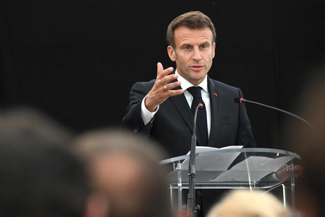 El jefe de Estado francés durante su discurso de promoción del patrimonio francés, en vísperas de las Jornadas Europeas, 16 de septiembre de 2022, en Guéret (Creuse), 16 de septiembre de 2022.