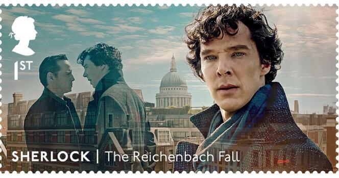 Timbre à l’effigie de Benedict Cumberbatch, dans le rôle de Sherlock Holmes, paru en 2020, avec le profil de la reine.