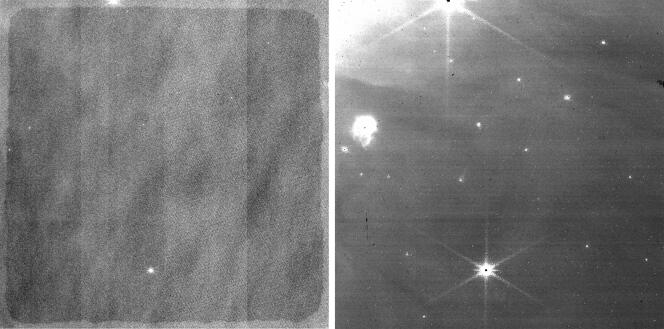 Etapes de la transformation d’une image brute de la nébuleuse d’Orion, prise par une des caméras du télescope, NIRcam.