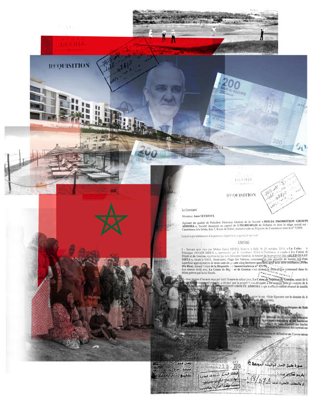 Montage with the following documents: promotional video of the inauguration of the golf course in May 2017 and the Prestigia Nations Beach project;  Anas Sefrioui, CEO of Addoha Group;  the act of requisition revealing the subterfuge that allowed Addoha to get their hands on the lands of Ouled Sbita;  Saida, torchbearer of the fight against the real estate giant Addoha, in May 2017.